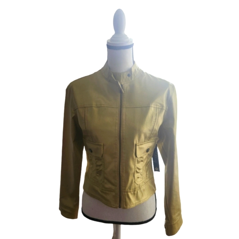 The Liberty Collection Women's Vegan Zip Up Leather Solid Gold Jacket - Picture 8 of 16